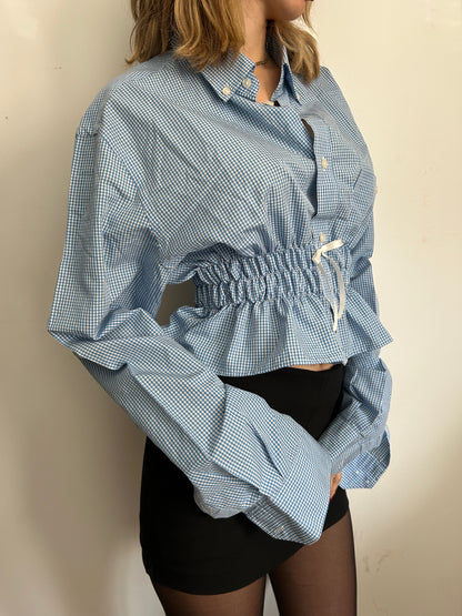 Upcycle blue bow shirt