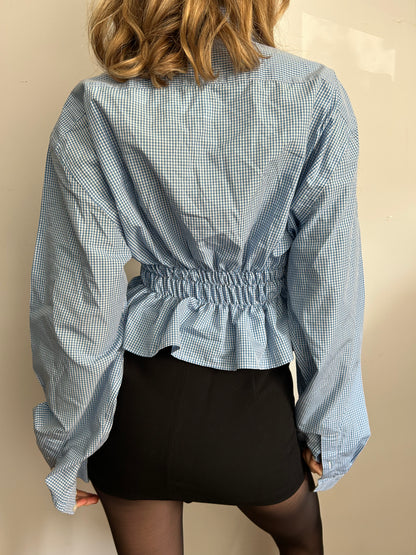 Upcycle blue bow shirt